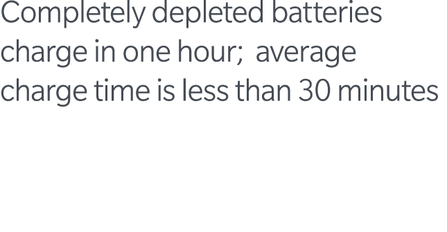 Completely depleted batteries charge in one hour; average charge time is less than 30 minutes